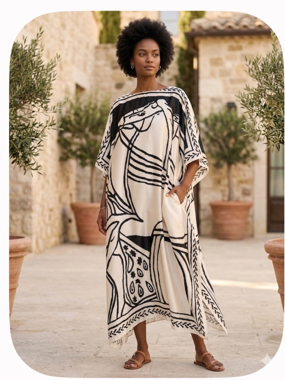 Elegant Black & Cream Graphic Satin Kaftan SZ 2X